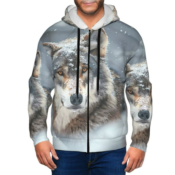 Kdxio Majestic Snowy Wolf Print Men Hoodies Casual Hoodies for Men with Zip Pockets Full Zip Long Sleeve Sweatshirt Sports Hooded Jacket-Small