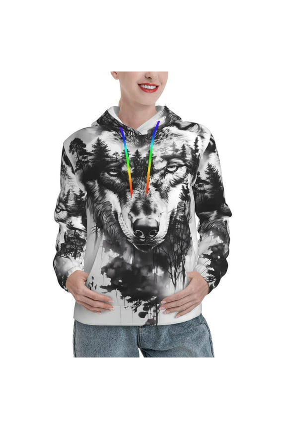 Majestic Wolf Landscape Print Womens Oversized Hoodies Sweatshirts Hooded Pullover Tops Sweaters Casual-