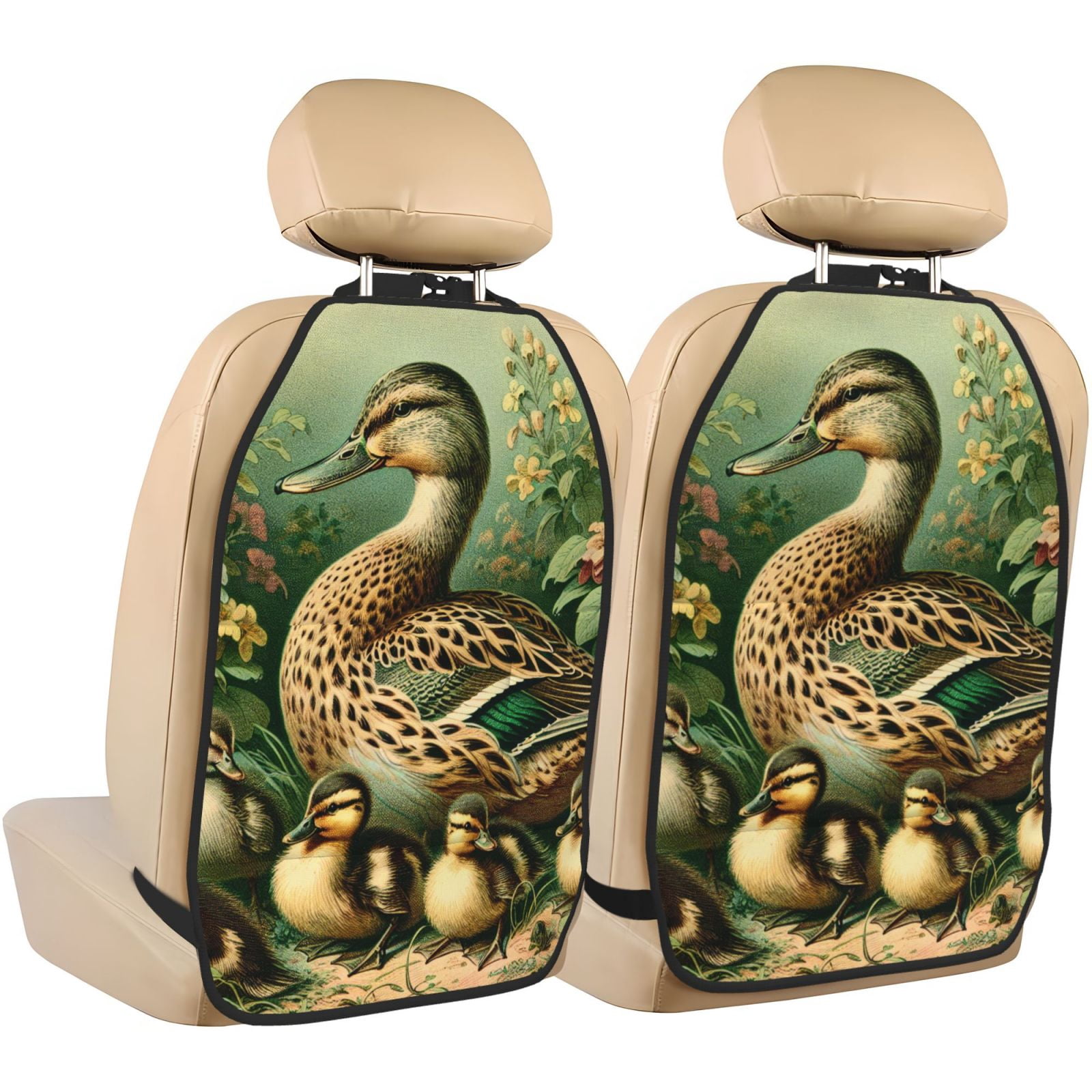 Kdxio Mallard Duck And Flowers Print 2 Pack Car Kick Mat Seat Cover Back Protector Mat with Pockets for Organizer Backseat Protector and Storage Anti Kick Pad for Vehicles
