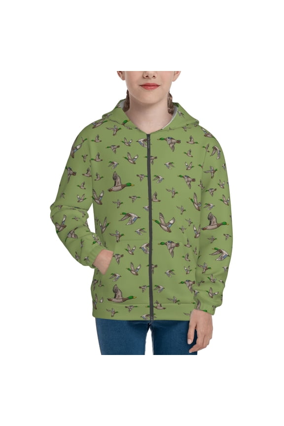 Mallard Duck Pattern Kids Boys Girls Zip Up Hoodie 3D Printed Hooded Sweatshirt Hoody Coat with Pocket 7-12 Y-Small