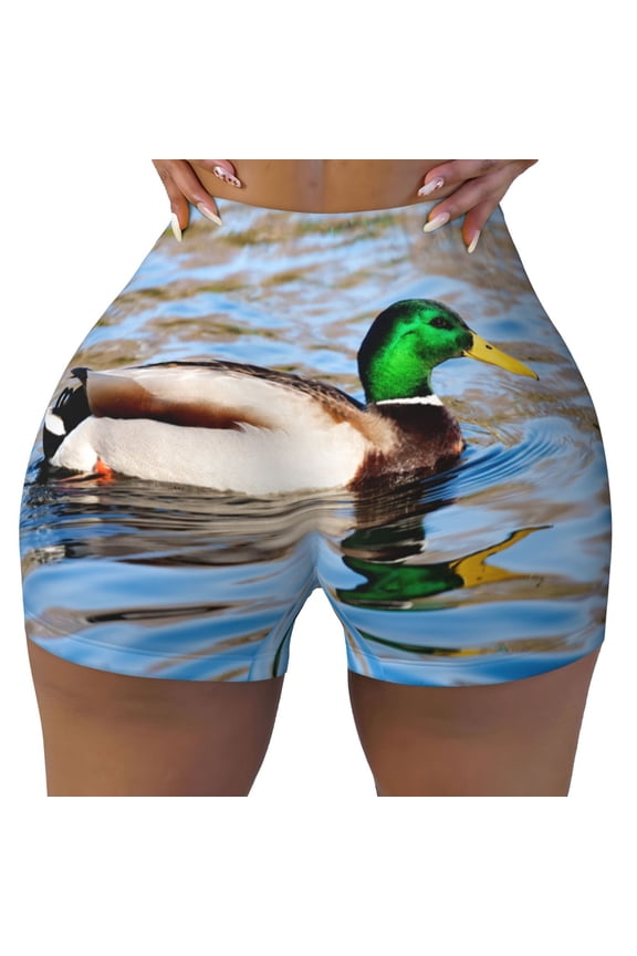 Mallard Duck Swimming In A River Print Workout Shorts for Women Seamless Soft Smooth Gym Yoga Scrunch Active Shorts
