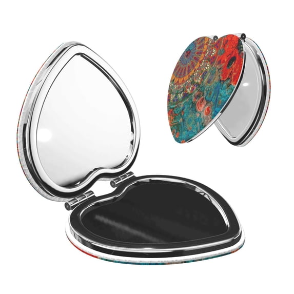 Kdxio Mandala Colorful Pocket Mirror, 1X/2X Travel Makeup Mirror 2-Sided Folding Small Mirror Portable Double-Sided Magnifying Cosmetic Mirror for Gift-Heart Shape