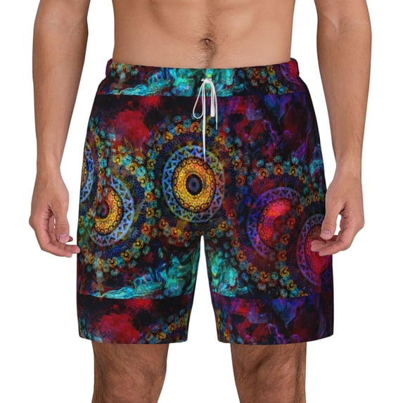 Kdxio Mandala Colorful Print Men'S Swim Trunks With Compression Liner 7 Inch Inseam Quick Dry Swim Shorts