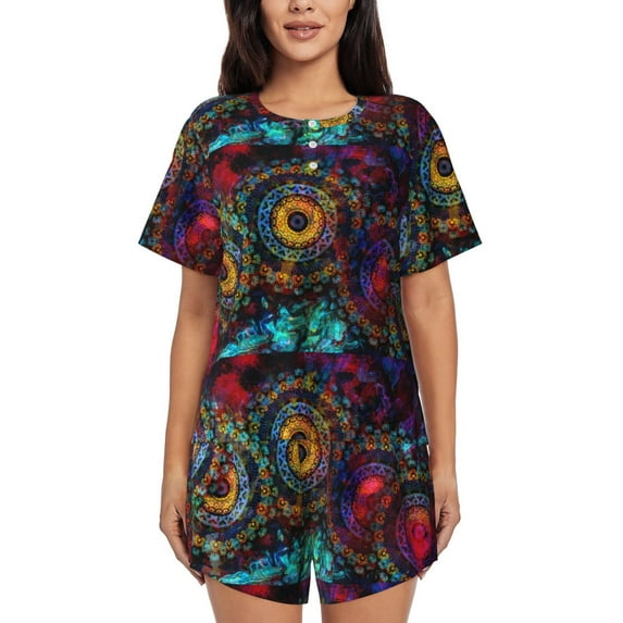 Kdxio Mandala Colorful Print Pajamas Sets for Women Short-Sleeved Pjs with Lounge Shorts Two Piece Sleepwear S-4XL