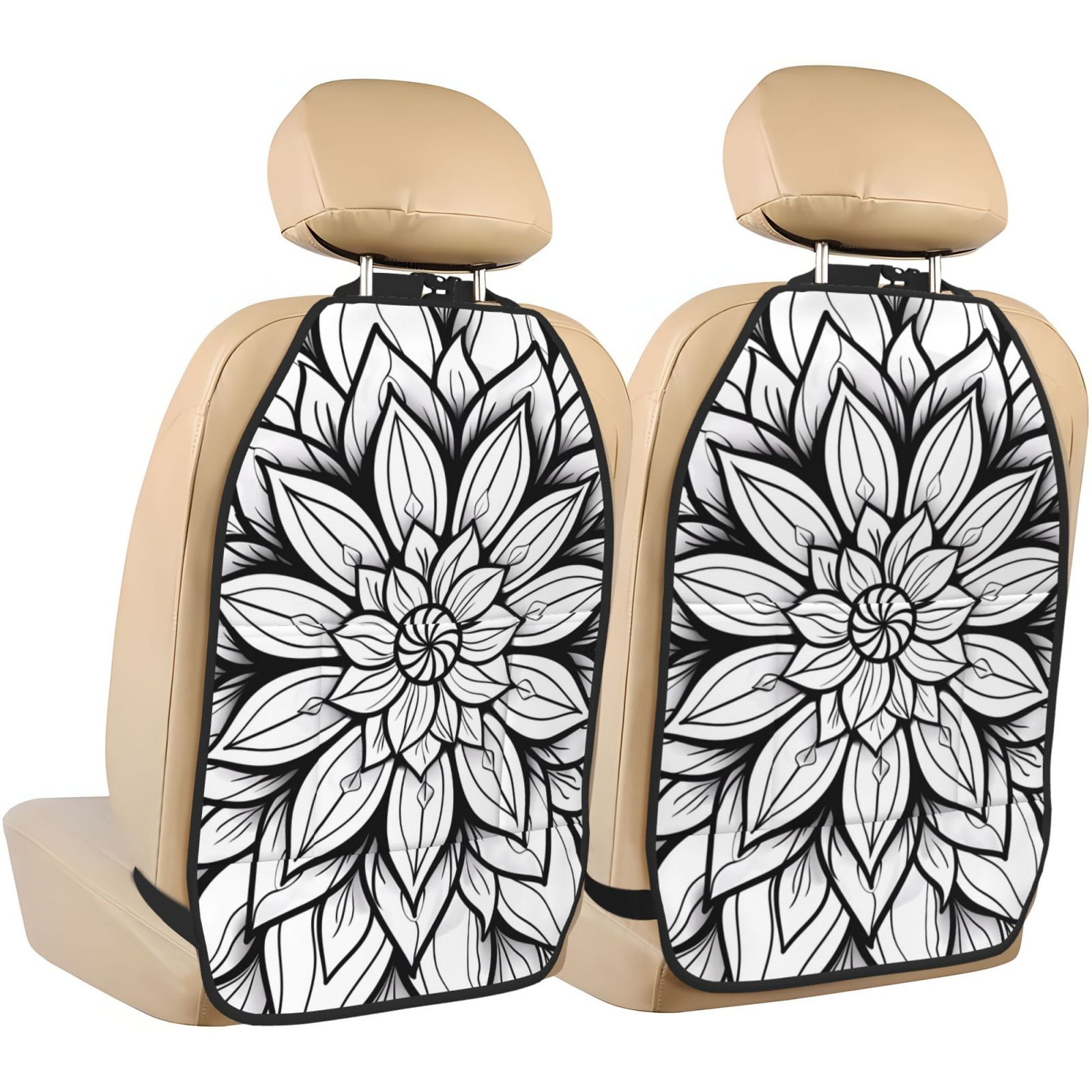 Kdxio Mandala Floral Line Art Print 2 Pack Car Kick Mat Seat Cover Back Protector Mat with Pockets for Organizer Backseat Protector and Storage Anti Kick Pad for Vehicles