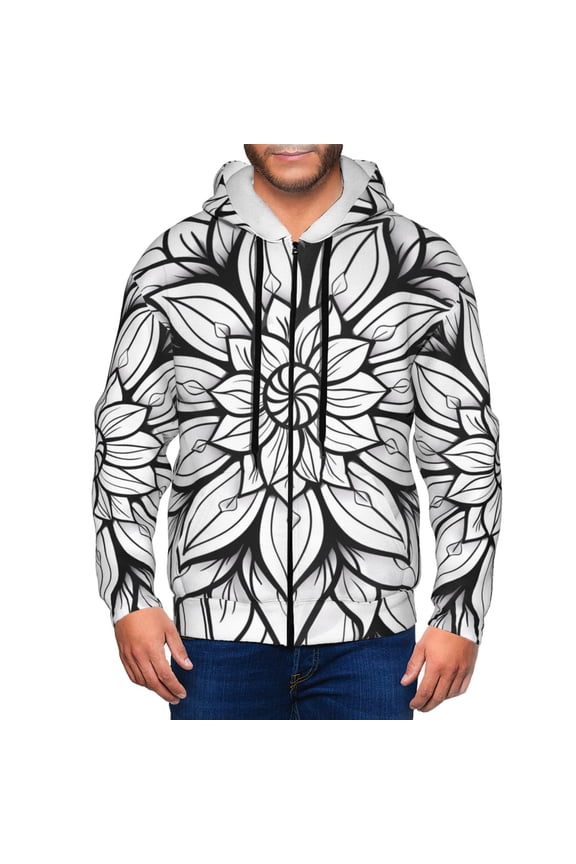 Mandala Floral Line Art Print Men Hoodies Casual Hoodies for Men with Zip Pockets Full Zip Long Sleeve Sweatshirt Sports Hooded Jacket-Large