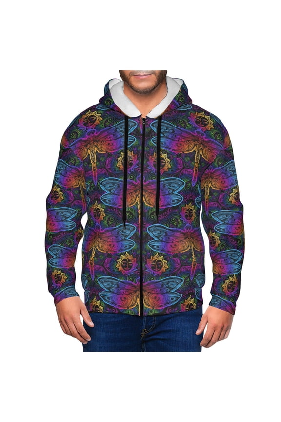 Mandalas Dragonfly Print Men Hoodies Casual Hoodies for Men with Zip Pockets Full Zip Long Sleeve Sweatshirt Sports Hooded Jacket-Small