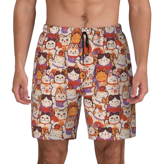 Kdxio Maneki-Neko Cats Print Men'S Swim Trunks With Compression Liner 7 Inch Inseam Quick Dry Swim Shorts