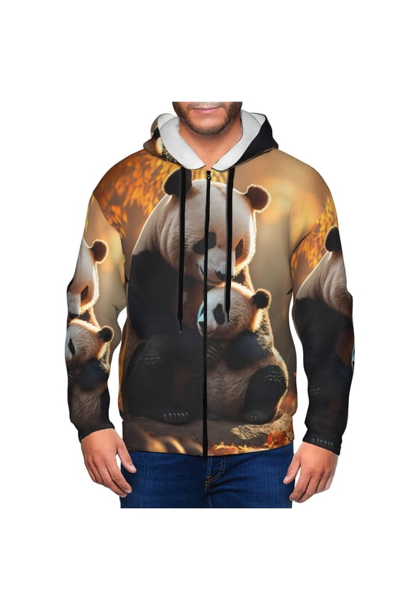 Maple Forest Panda Print Men Hoodies Casual Hoodies for Men with Zip Pockets Full Zip Long Sleeve Sweatshirt Sports Hooded Jacket-Medium
