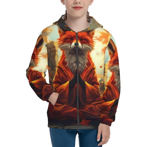 Kdxio Maple Leaf Meditating Fox Pattern Kids Boys Girls Zip Up Hoodie 3D Printed Hooded Sweatshirt Hoody Coat with Pocket 7-12 Y-Medium