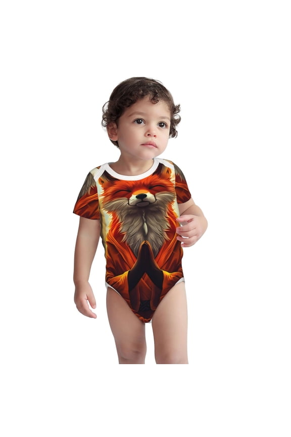 Maple Leaf Meditating Fox Pattern Unisex Baby Cotton Short Sleeve Bodysuits-6 Months
