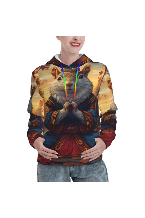 Maple Leaf Meditating Squirrel Print Womens Oversized Hoodies Sweatshirts Hooded Pullover Tops Sweaters Casual-Large