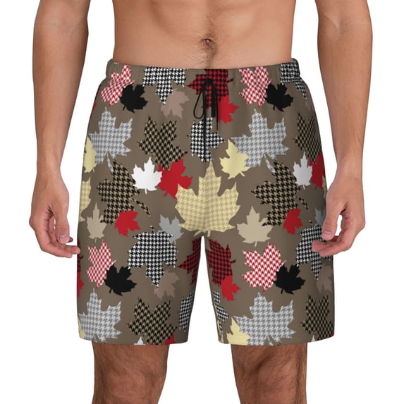 Kdxio Maple colorful Print Men's Swim Trunks with Compression Liner 7 Inch Inseam Quick Dry Swim Shorts