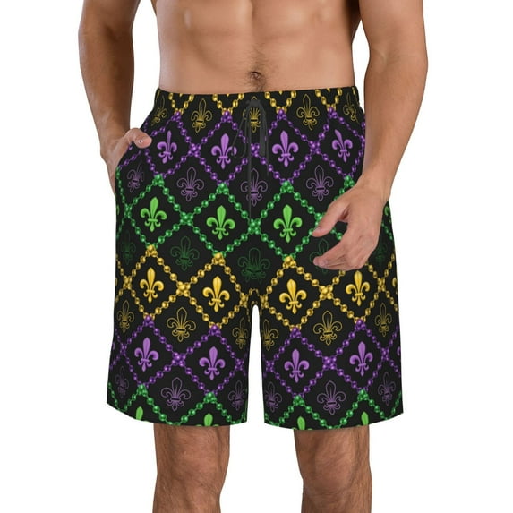 Kdxio Mardi Gra Geometric Pattern Mens Casual Shorts - Drawstring Summer Beach Sports Shorts for Men