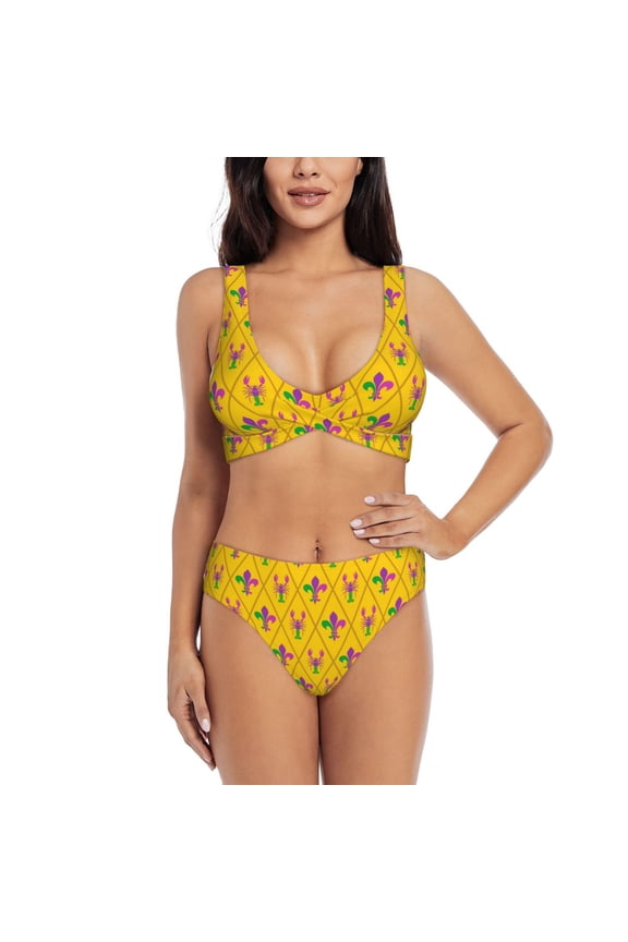 Mardi Gras Crayfish and Fleur de lis Print Women's 2 Piece High Waisted Wrap Spaghetti Strap Summer Swimsuit Bikini Set-Large