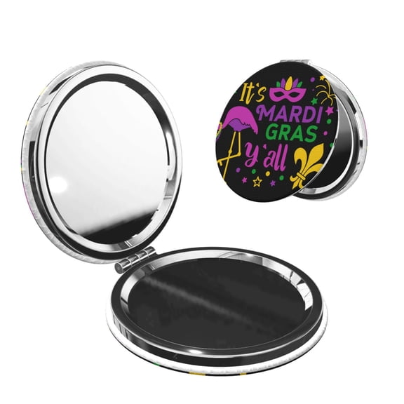 Kdxio Mardi Gras with Flamingo Pocket Mirror, 1X/2X Travel Makeup Mirror 2-Sided Folding Small Mirror Portable Double-Sided Magnifying Cosmetic Mirror for Gift-Round Shape