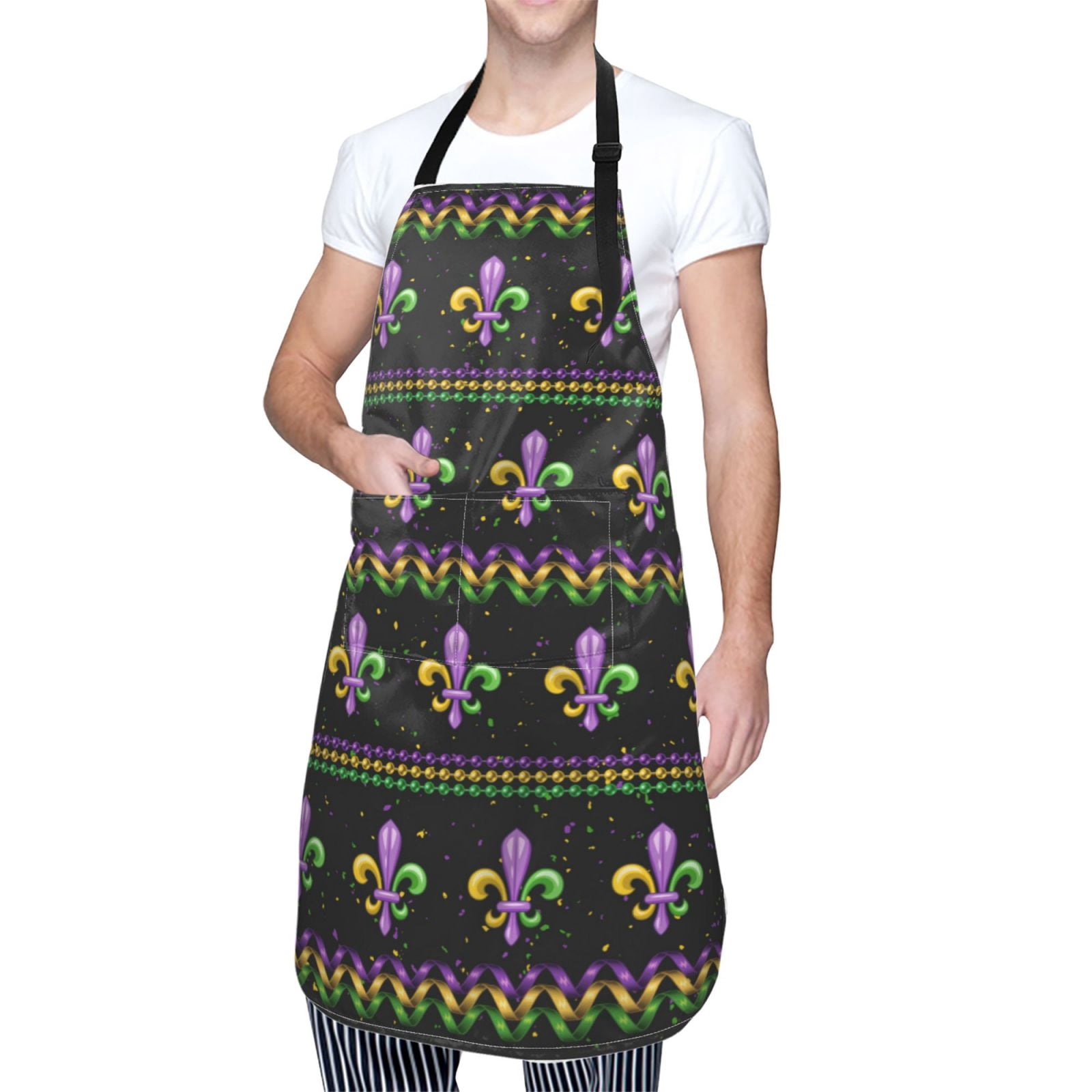 Kdxio Mardi Gras Fleur de Lis Apron with Pockets Adjustable Kitchen Aprons for Men Women Waterproof Aprons for Cooking,Drawing,Crafting, Baking Household Cleaning