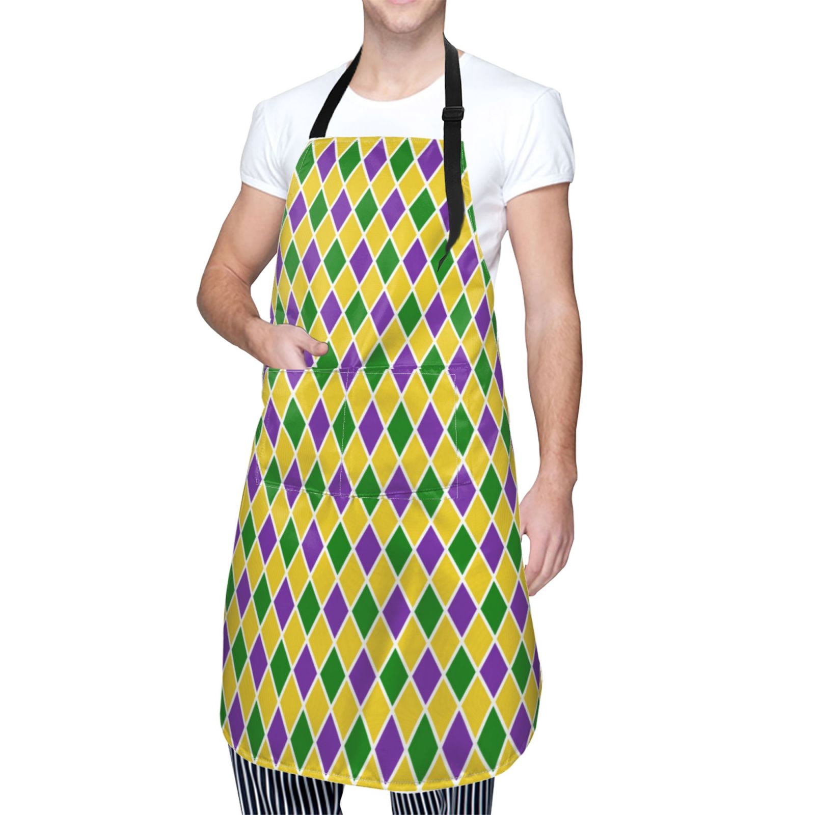Kdxio Mardi Gras Purple Yellow Plaid Apron with Pockets Adjustable Kitchen Aprons for Men Women Waterproof Aprons for Cooking,Drawing,Crafting, Baking Household Cleaning
