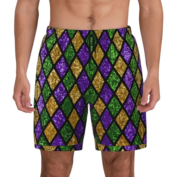 Kdxio Mardi Gras Shiny Green Purple Print Men'S Swim Trunks With Compression Liner 7 Inch Inseam Quick Dry Swim Shorts