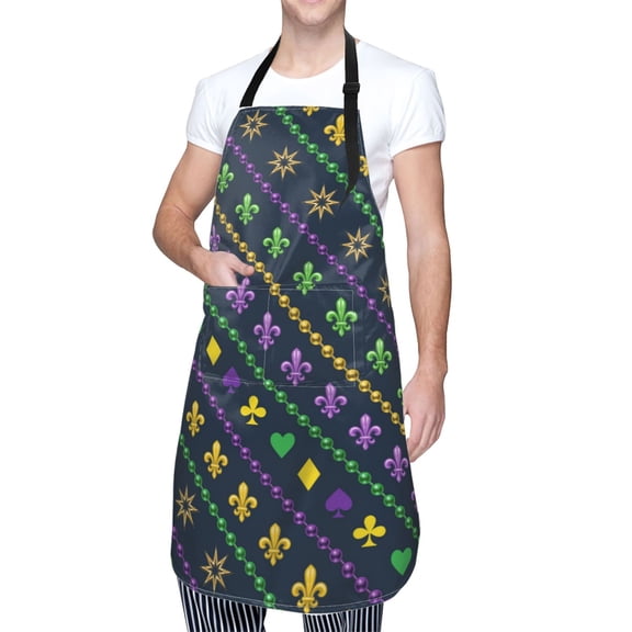 Kdxio Mardi Gras Strings of Beads Apron with Pockets Adjustable Kitchen Aprons for Men Women Waterproof Aprons for Cooking,Drawing,Crafting, Baking Household Cleaning