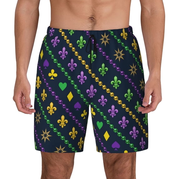 Kdxio Mardi Gras Strings Of Beads Print Men'S Swim Trunks With Compression Liner 7 Inch Inseam Quick Dry Swim Shorts