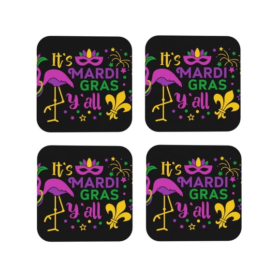 Kdxio Mardi Gras With Flamingo Funny Coasters,4 Pcs Leather Coasters,Housewarming Gifts,Protect Furniture From Water Marks Scratch And Damage