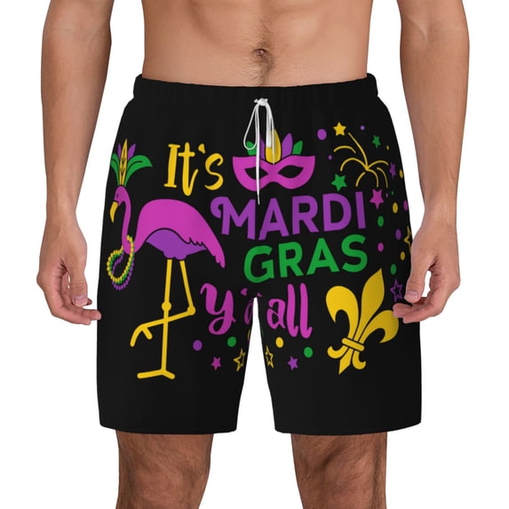 Kdxio Mardi Gras With Flamingo Print Men'S Swim Trunks With Compression Liner 7 Inch Inseam Quick Dry Swim Shorts