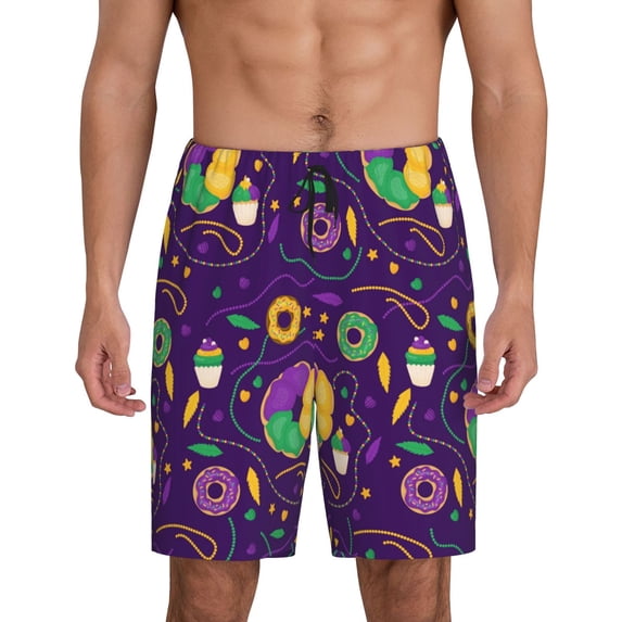 Kdxio Mardi Gras and Donuts Print Mens Sleep Shorts Bottoms Soft Comfy Pajama Wear Pants with Drawstring Pockets