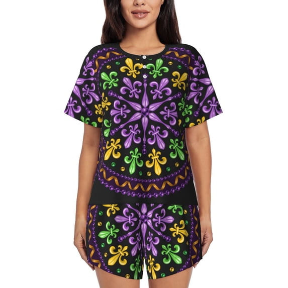 Kdxio Mardi Gras5 Print Pajamas Sets for Women Short-Sleeved Pjs with Lounge Shorts Two Piece Sleepwear S-4XL