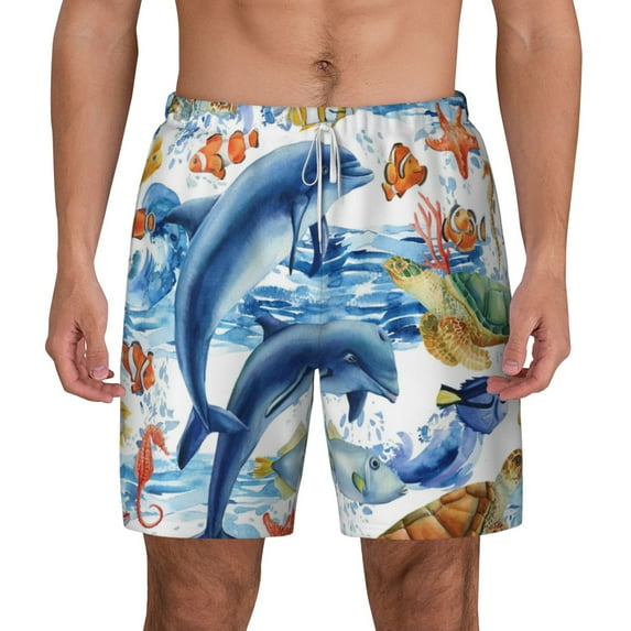 Kdxio Marine Animals Print Men'S Swim Trunks With Compression Liner 7 Inch Inseam Quick Dry Swim Shorts