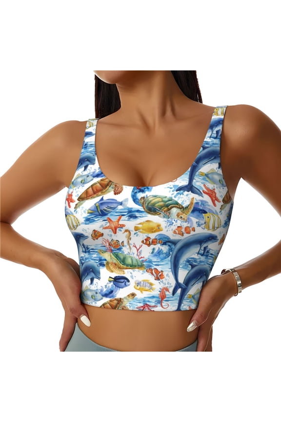 Marine Animals Print Workout Crop Tank Top for Women Racerback Yoga Tank Tops Athletic Sports Shirts Exercise Undershirts