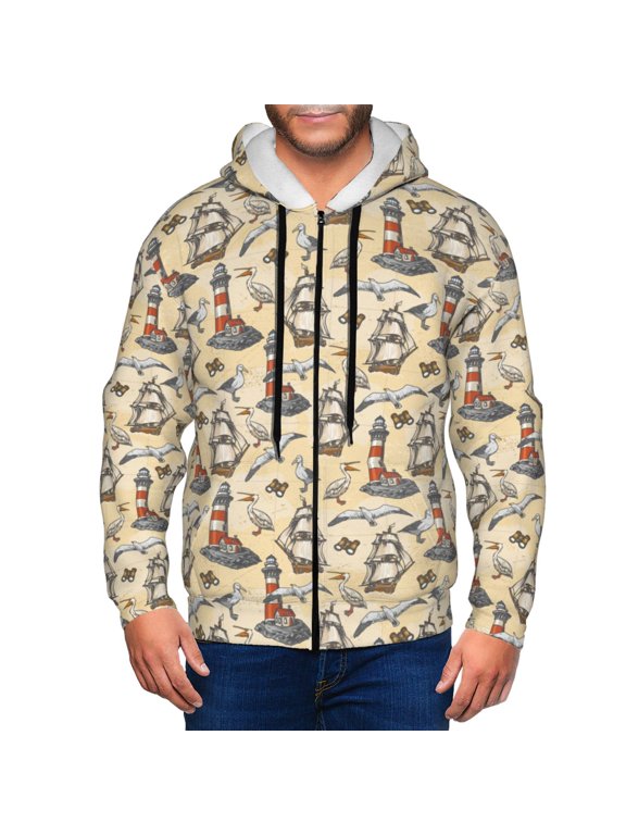 Marine Birds And Coastal Lighthouse Print Men Hoodies Casual Hoodies for Men with Zip Pockets Full Zip Long Sleeve Sweatshirt Sports Hooded Jacket-Large