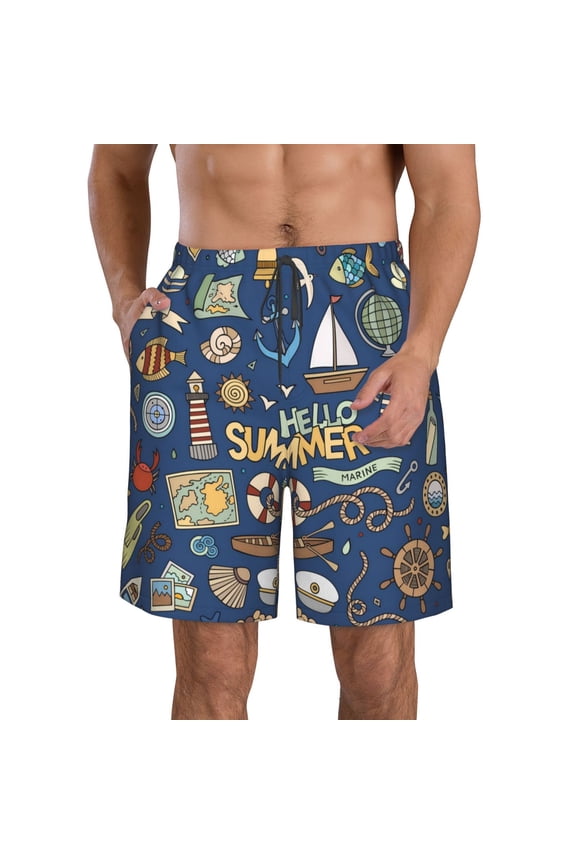 Marine Nautical Pattern Mens Casual Shorts - Drawstring Summer Beach Sports Shorts for Men
