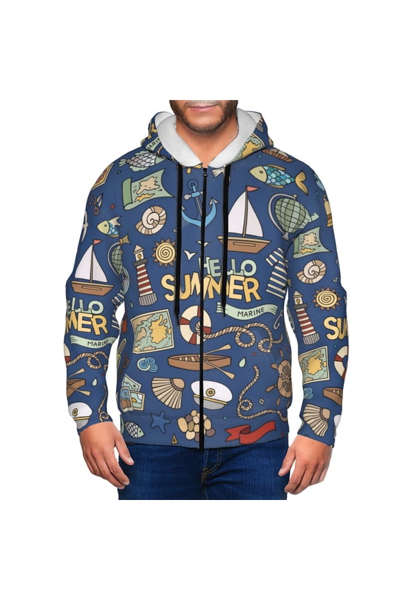 Marine Nautical Print Men Hoodies Casual Hoodies for Men with Zip Pockets Full Zip Long Sleeve Sweatshirt Sports Hooded Jacket-Large