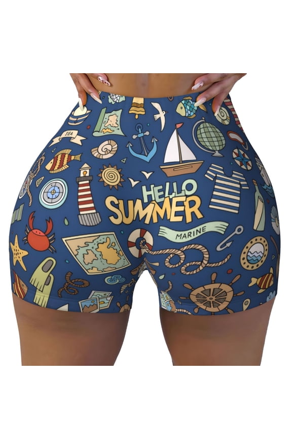Marine Nautical Print Workout Shorts for Women Seamless Soft Smooth Gym Yoga Scrunch Active Shorts