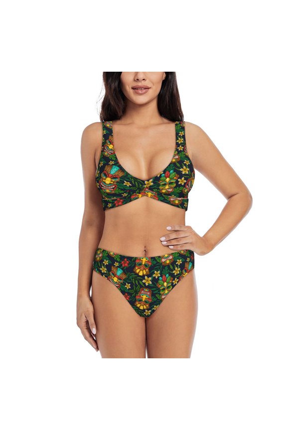 Mask Tropical Flower Print Women's 2 Piece High Waisted Wrap Spaghetti Strap Summer Swimsuit Bikini Set-X-Large