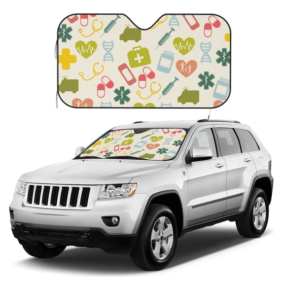 Kdxio Medical Icons Print Windshield Sun Shade, Foldable Sun Blocker for Car,Truck,SUV Automotive Interior Sun Protection,Reflective Shade for Front Windshield(Small)