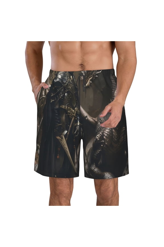 Medieval Knight And Dragon Pattern Mens Casual Shorts - Drawstring Summer Beach Sports Shorts for Men