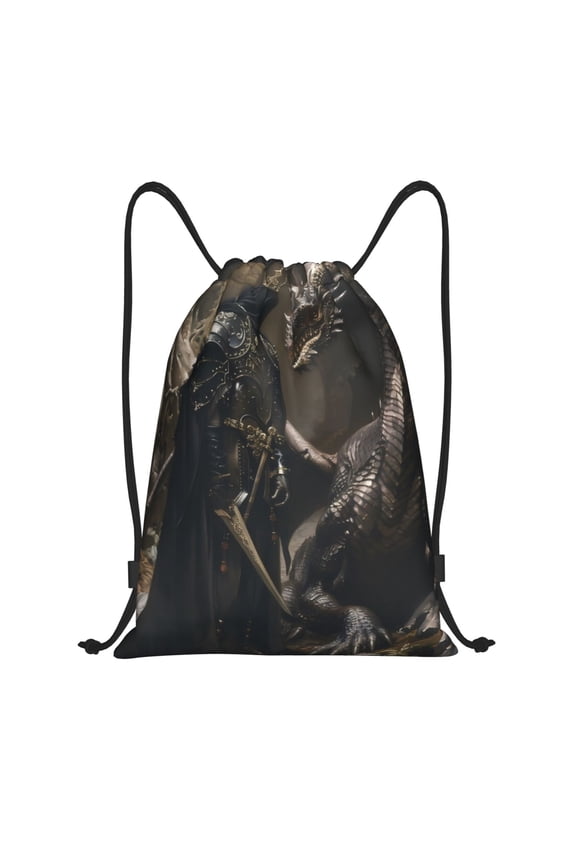 Medieval Knight And Dragon Print Drawstring Backpack Bag,Waterproof Draw String Back Sack, Gym Drawstring Bags Swim Bag For Unisex