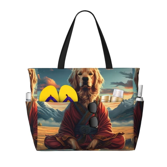 Kdxio Meditating Golden Retriever for Beach Bag for Women Large Beach Tote Bag Waterproof Sandproof Swim Bag with Zipper Pockets Beach Vacation Travel