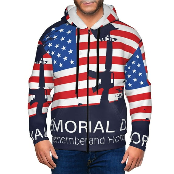 Kdxio Memorial Day Print Men Hoodies Casual Hoodies for Men with Zip Pockets Full Zip Long Sleeve Sweatshirt Sports Hooded Jacket-Medium