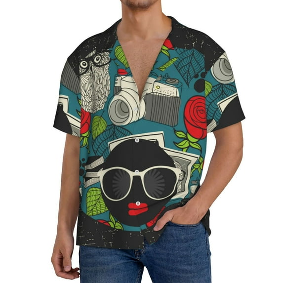 Kdxio Men'S Hawaiian Shirt For Men Short Sleeve Shirt Black Head Woman With Owl Hair Summer Casual Holiday Beach Button Down T-Shirts
