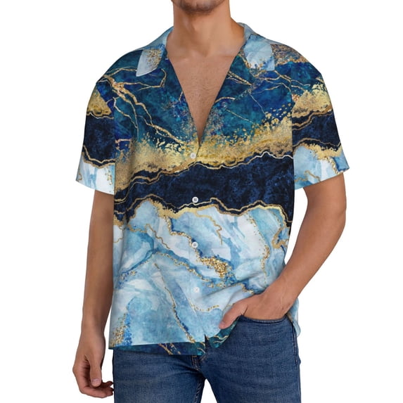 Kdxio Men'S Hawaiian Shirt For Men Short Sleeve Shirt Blue Marble Summer Casual Holiday Beach Button Down T-Shirts