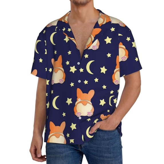 Kdxio Men'S Hawaiian Shirt For Men Short Sleeve Shirt Corgi Lying With Moons And Stars Summer Casual Holiday Beach Button Down T-Shirts