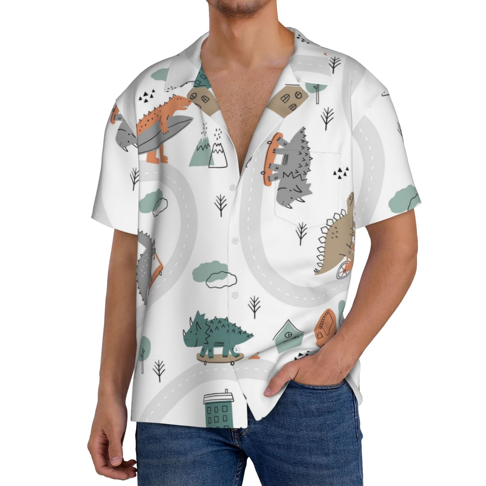 Kdxio Men'S Hawaiian Shirt For Men Short Sleeve Shirt Dino On A Skateboard Surf Summer Casual Holiday Beach Button Down T-Shirts