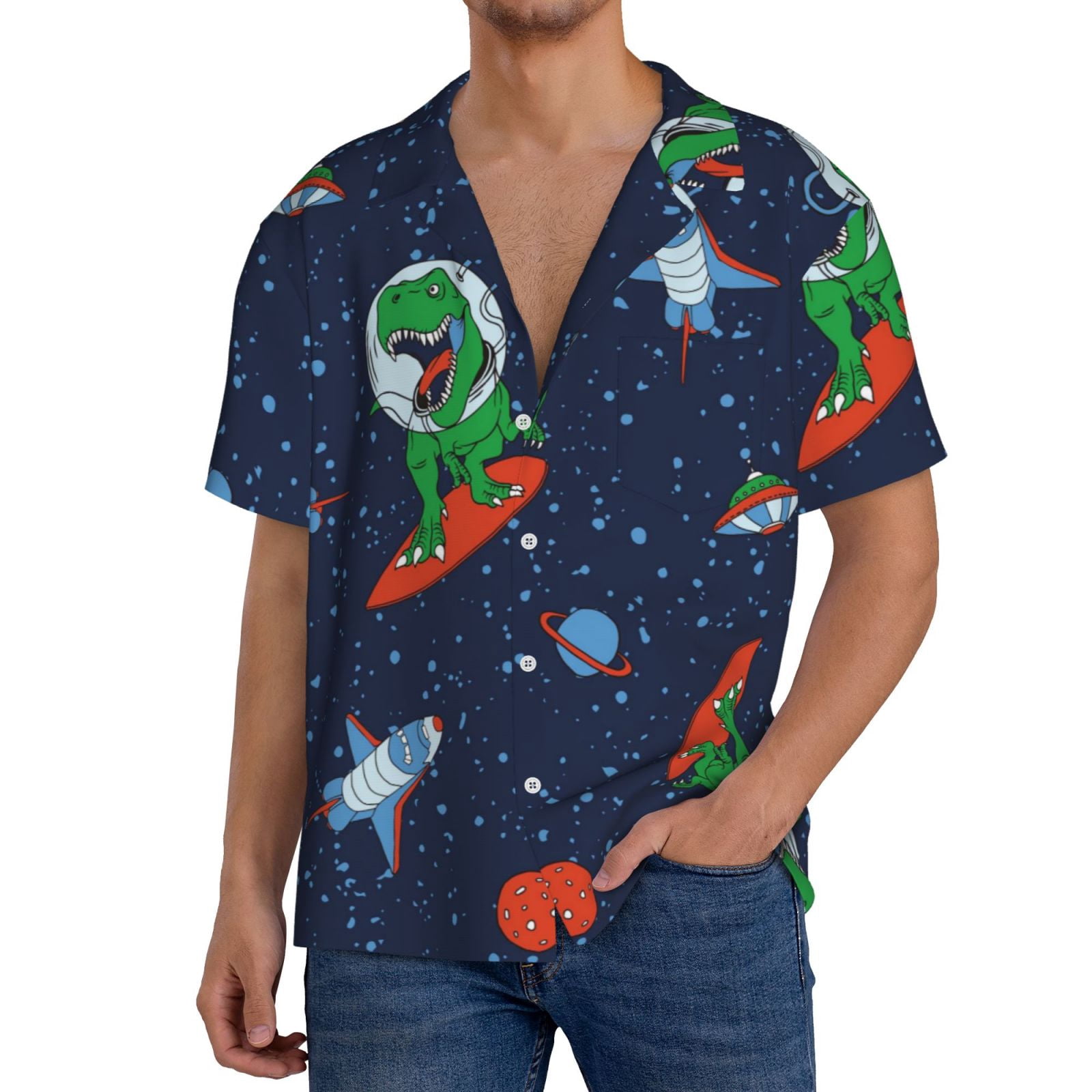 Kdxio Men'S Hawaiian Shirt For Men Short Sleeve Shirt Dinosaur Astronaut Space Surfing Summer Casual Holiday Beach Button Down T-Shirts