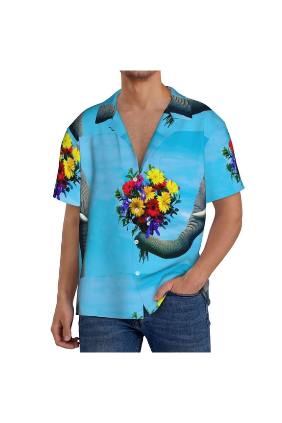 Men'S Hawaiian Shirt For Men Short Sleeve Shirt Elephant Trunk Couple Flowers Summer Casual Holiday Beach Button Down T-Shirts
