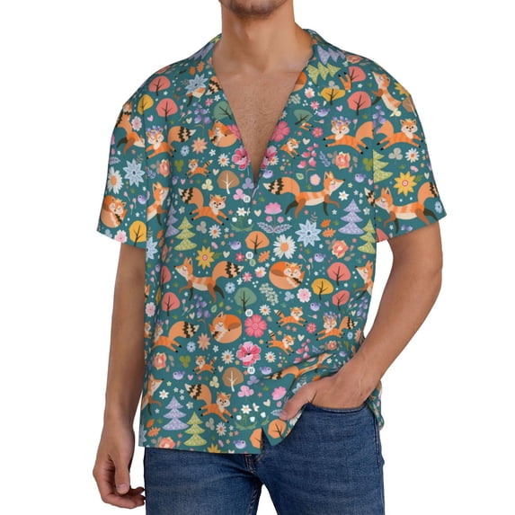 Kdxio Men'S Hawaiian Shirt For Men Short Sleeve Shirt Foxes And Birds In Forest Summer Casual Holiday Beach Button Down T-Shirts