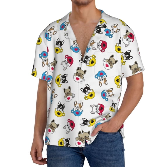 Kdxio Men'S Hawaiian Shirt For Men Short Sleeve Shirt French Bulldog With Coffee Cup Summer Casual Holiday Beach Button Down T-Shirts