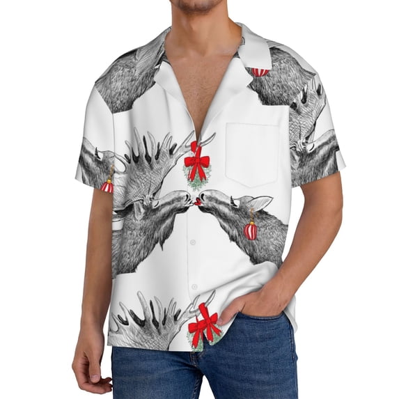 Kdxio Men'S Hawaiian Shirt For Men Short Sleeve Shirt Funny Christmas Moose Kissing Under Mistletoe Summer Casual Holiday Beach Button Down T-Shirts